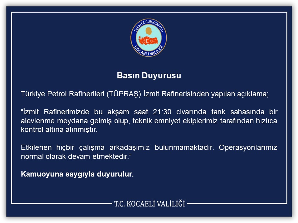 KOCAELİ VALİLİĞİNDEN AÇIKLAMA GELDİ