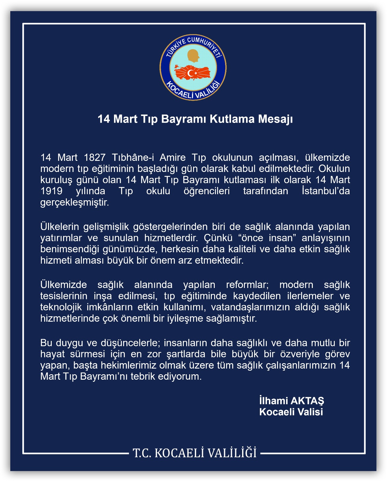 Vali Aktaş!ın14 Mart Tıp Bayramı Kutlama Mesajı