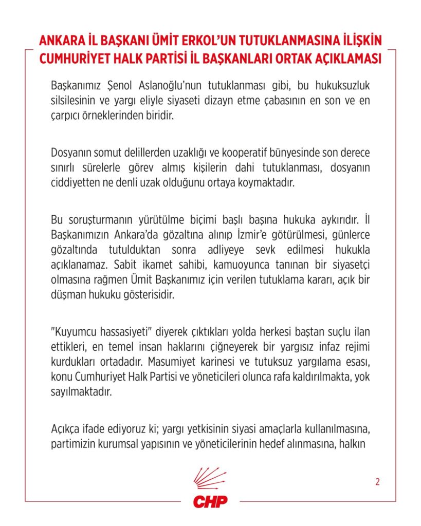 CHP'den Ankara İl Başkanı Ümit Erkol İçin Ortak Kararlılık Mesajı: 