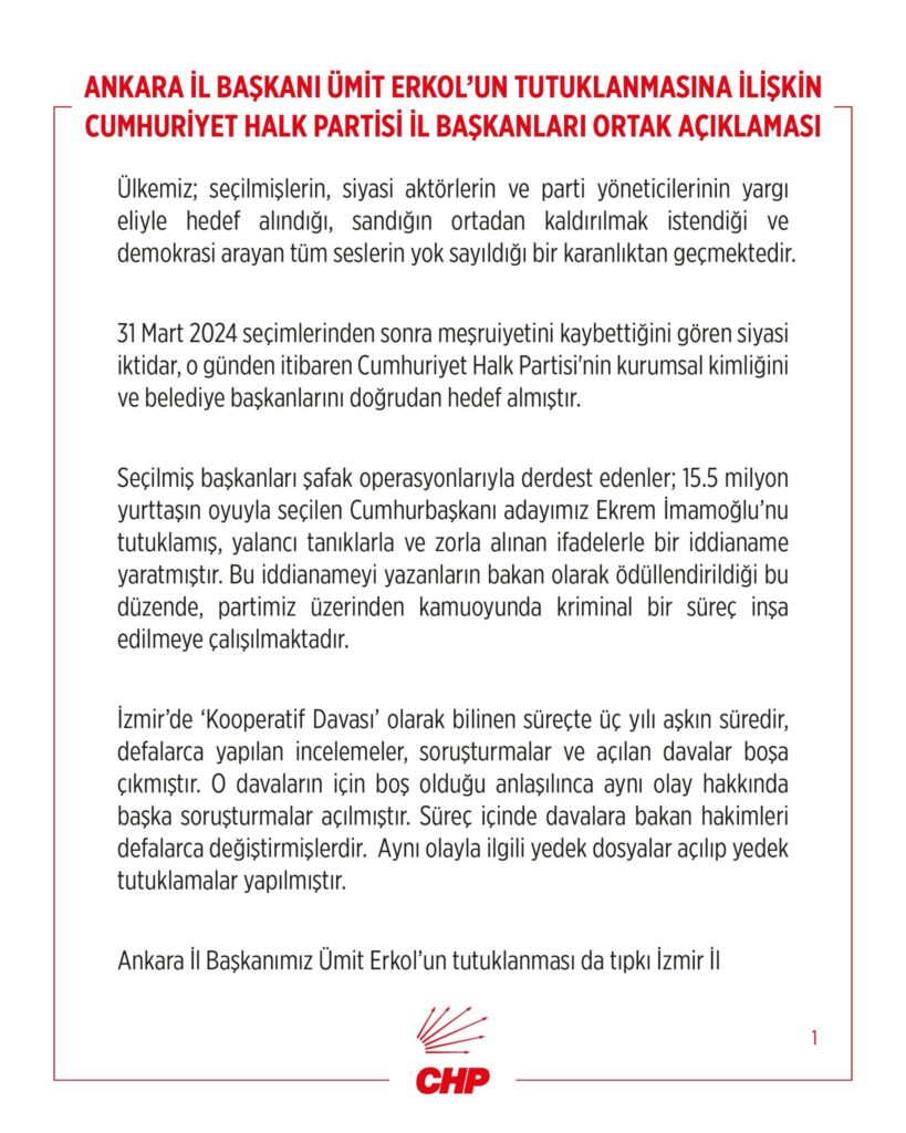 CHP'den Ankara İl Başkanı Ümit Erkol İçin Ortak Kararlılık Mesajı: