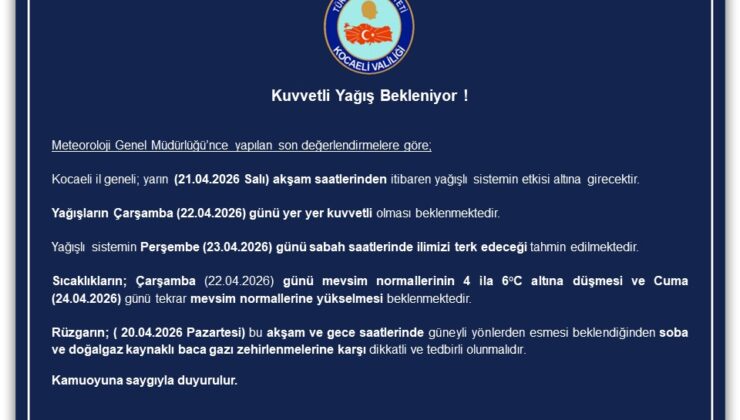 KOCAELİ’YE “KUVVETLİ YAĞIŞ” VE “SOĞUK HAVA” UYARISI: SICAKLIKLAR 6 DERECE BİRDEN DÜŞECEK!