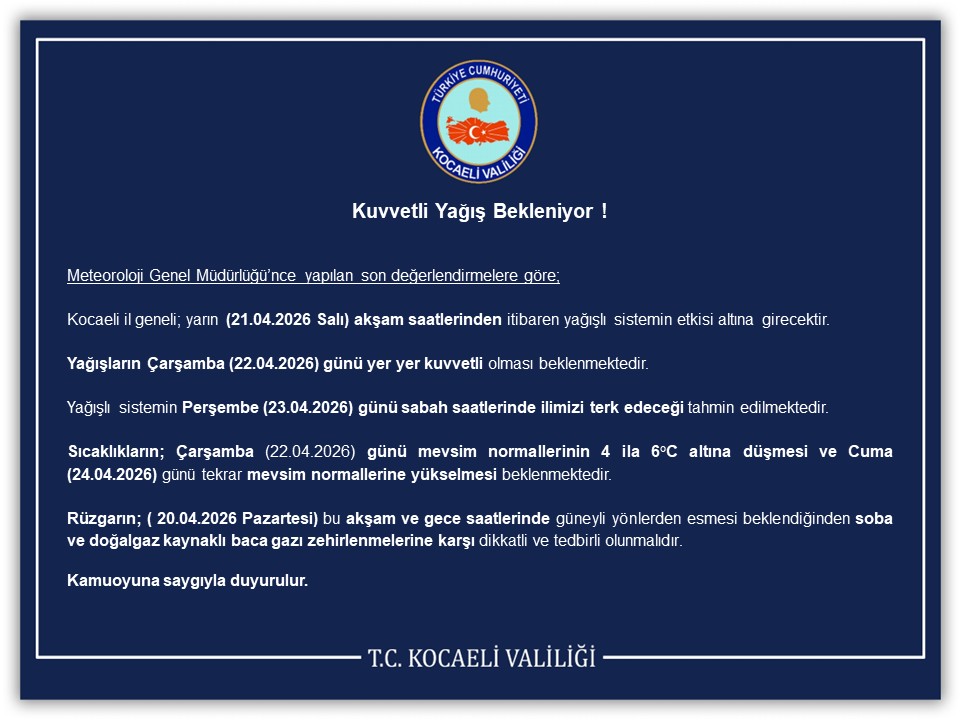 KOCAELİ’YE “KUVVETLİ YAĞIŞ” VE “SOĞUK HAVA” UYARISI: SICAKLIKLAR 6 DERECE BİRDEN DÜŞECEK!