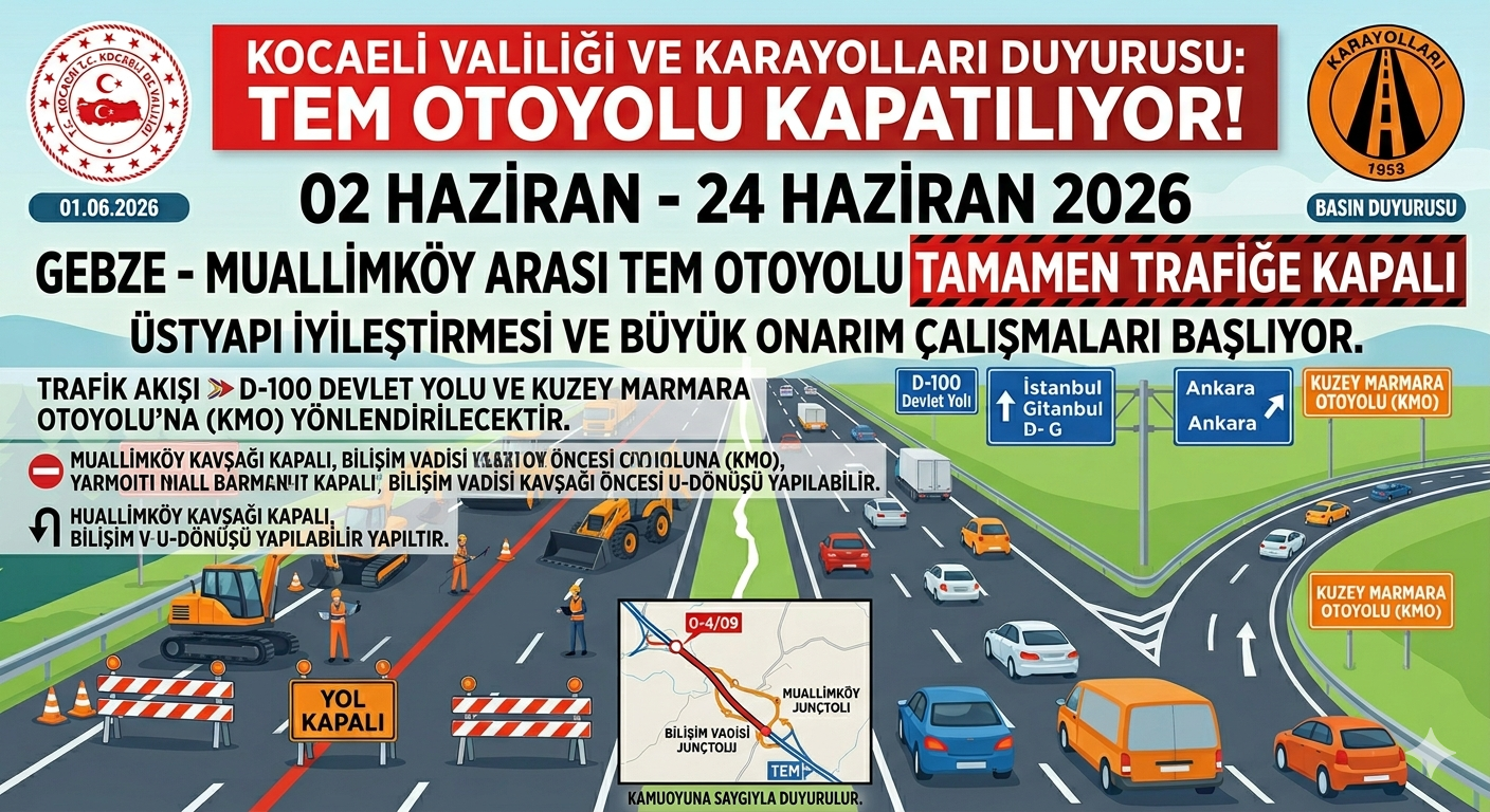 Sürücüler Dikkat! TEM Otoyolu Gebze – Muallimköy Arası Tamamen Kapatılıyor! İşte Alternatif Güzergahlar