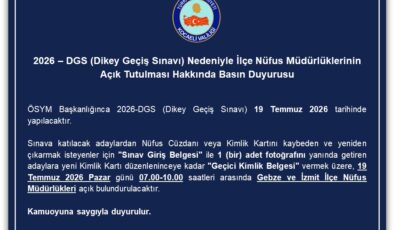Kocaeli Valiliği’nden DGS Adaylarına Kolaylık: Gebze ve İzmit Nüfus Müdürlükleri Pazar Günü Açık Olacak