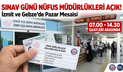 MEB AGS VE ÖABT ADAYLARINA DİKKAT: İZMİT VE GEBZE NÜFUS MÜDÜRLÜKLERİ PAZAR GÜNÜ AÇIK!