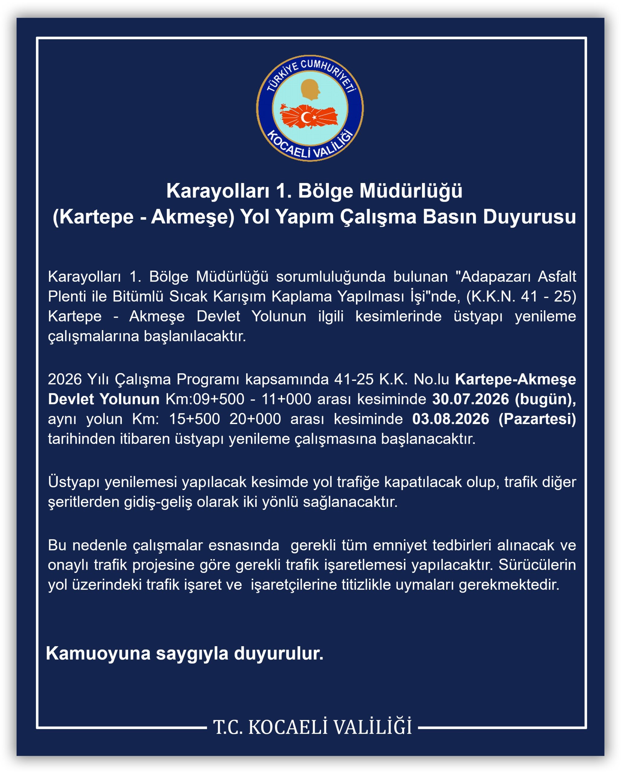 SON DAKİKA: KARTEPE – AKMEŞE YOLUNDA ÜSTYAPI YENİLEME ÇALIŞMASI! SÜRÜCÜLERE KRİTİK UYARI