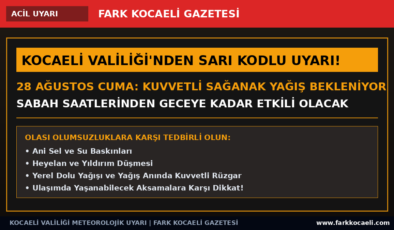 Kocaeli Valiliği’nden Sarı Kodlu Meteorolojik Uyarı: Kuvvetli Yağış Bekleniyor