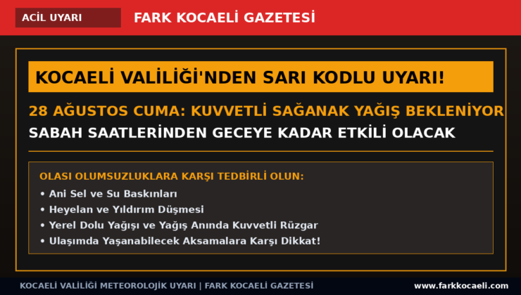 Kocaeli Valiliği’nden Sarı Kodlu Meteorolojik Uyarı: Kuvvetli Yağış Bekleniyor