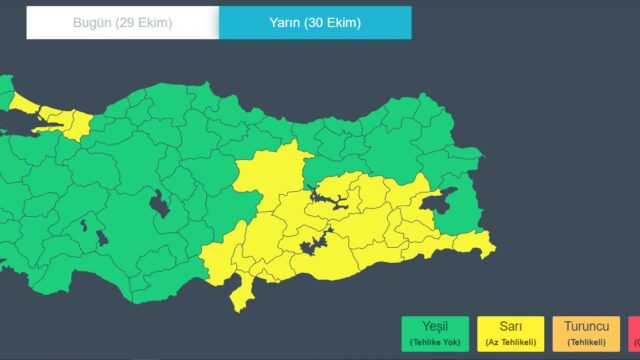 Türkiye haritasında 30 Ekim için yeşil ve sarı uyarı bölgeleri; Marmara kıyısı ve iç bölgeler sarı