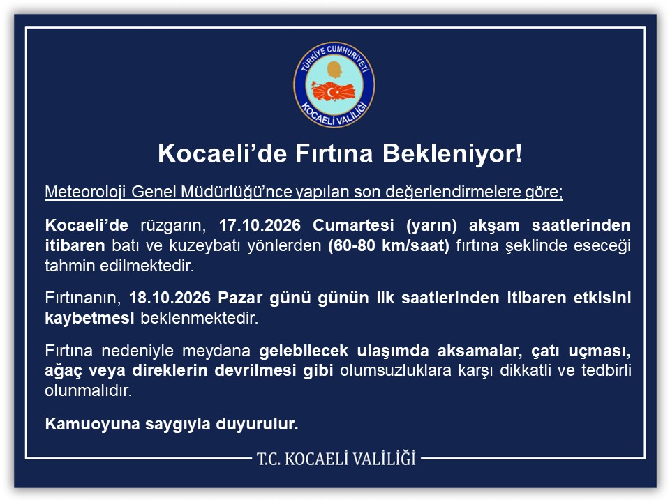 Kocaeli’de yarın akşamdan itibaren batı yönlü fırtına bekleniyor