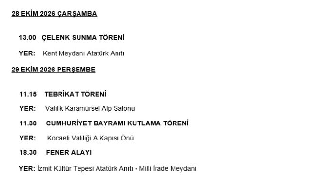Kocaeli Valiliği 29 Ekim Cumhuriyet Bayramı kutlama programını gösteren yazılı belge; tören saatleri ve yerleri listelenmiş.