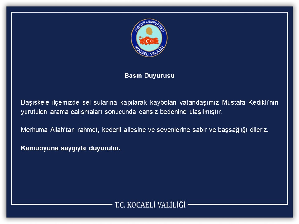 Başiskele’de sel sularına kapılan Mustafa Kedikli’nin cansız bedenine ulaşıldı