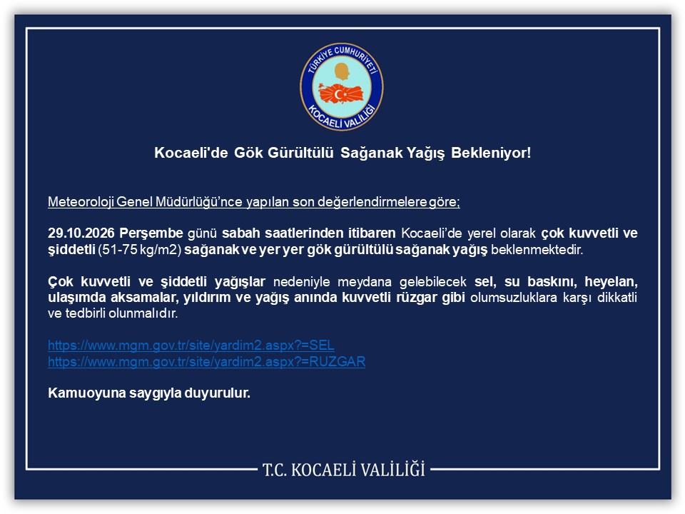 Kocaeli Valiliği’nin lacivert zeminli duyurusu: Kocaeli’de gök gürültülü sağanak yağış bekleniyor, 29.10.2026 Perşembe.