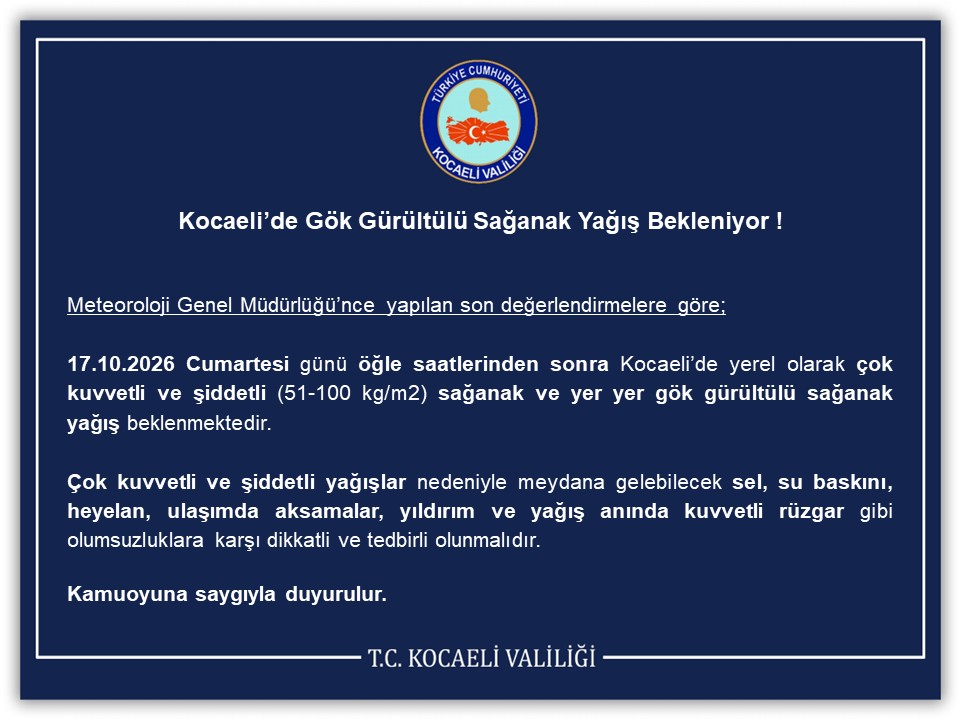 Kocaeli’de 17 Ekim Cumartesi öğleden sonra kuvvetli sağanak bekleniyor