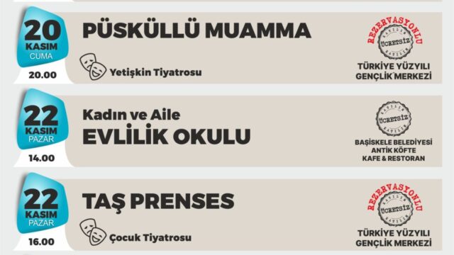 Başiskele Kültür Sanat Kasım 2026 programı afişi; çocuk ve yetişkin tiyatrosu ile söyleşi etkinlikleri listeleniyor.