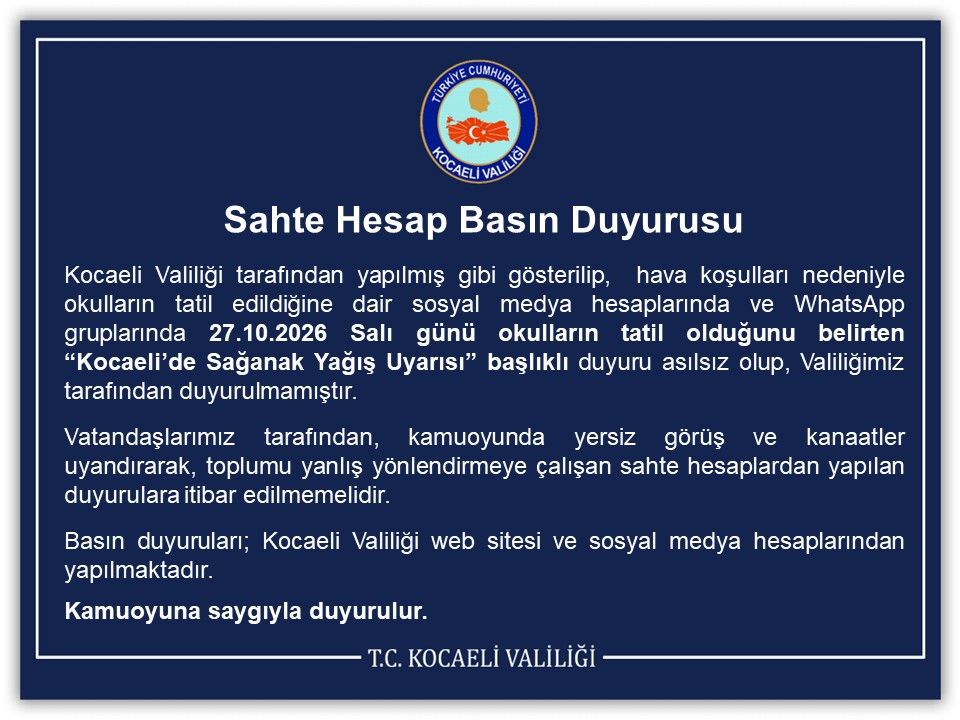 Kocaeli Valiliği: 27 Ekim’de okulların tatil olduğu duyurusu sahte