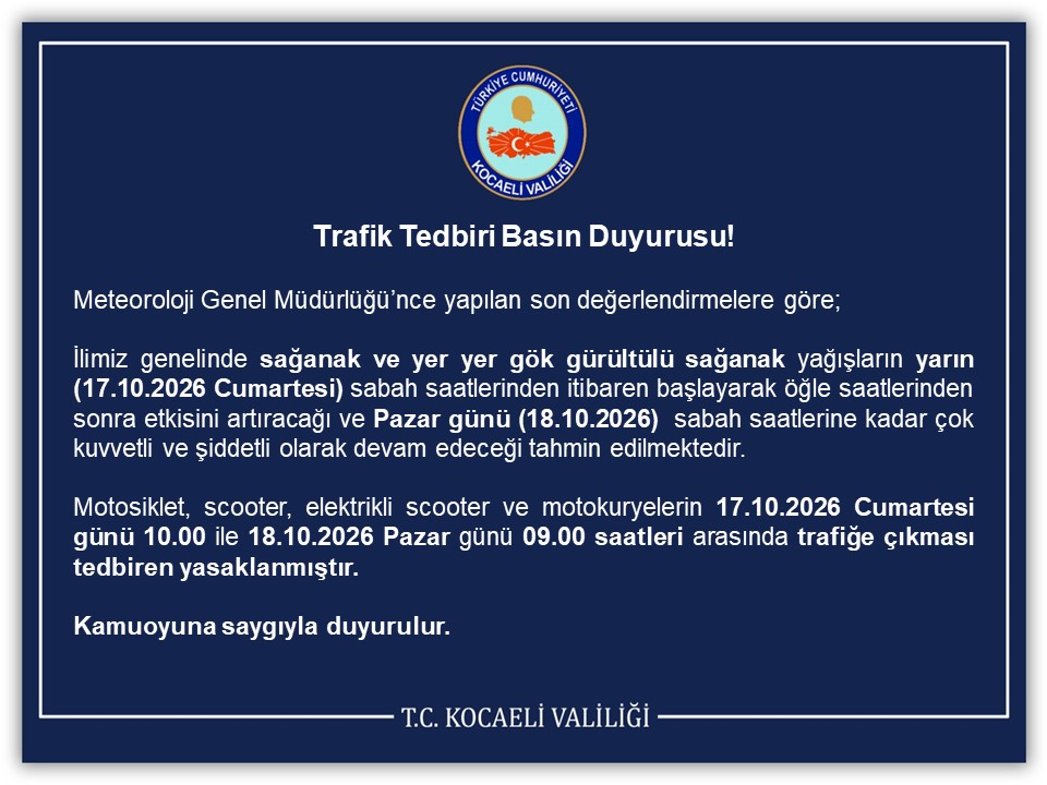 Kocaeli’de motosiklet ve scooter, 17 Ekim Cumartesi 10.00’dan itibaren yasak